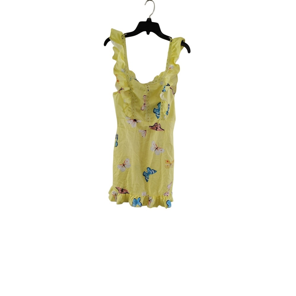 ChicMe Yellow Butterfly Print Mini Dress Eyelet Lace Trim Size‎ M
